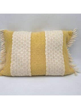 MCM 1960 Yellow & Cream Striped Woven Throw Pillow Fringe Accents 22"x14" Boho